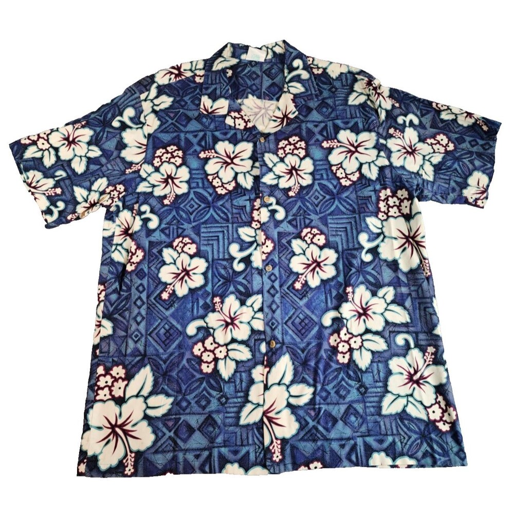 Jade Fashions Hawaiian Shirt Mens XL Blue Floral Print Cotton Aloha